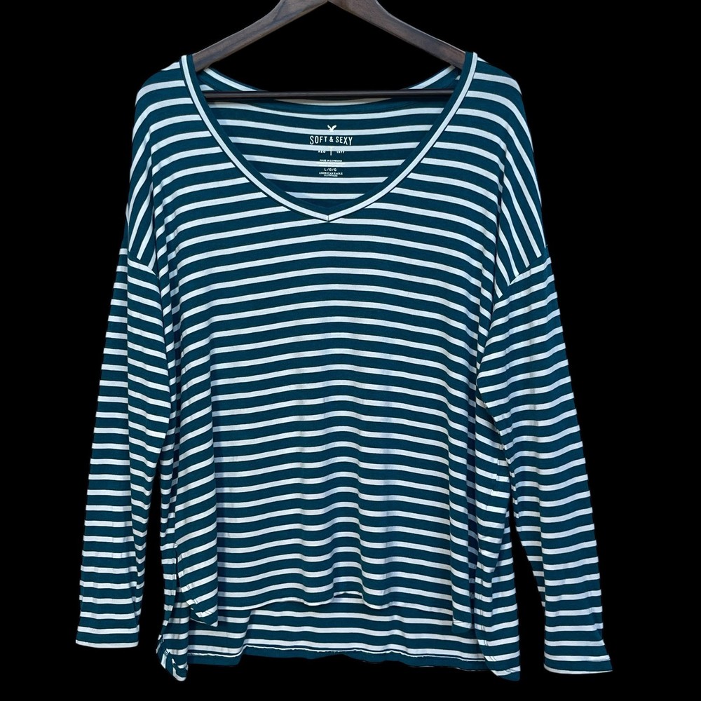 American Eagle Soft & Sexy Teal White Striped V-Neck Long Sleeve Top Large