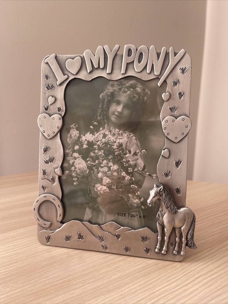 Vintage Photo Frame Love My Pony Western Hearts Horse 3x5 Easel Back Silver