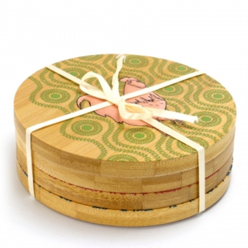 Urban Market 4 Piece Bamboo Coaster Set With Decorative Farm Animals