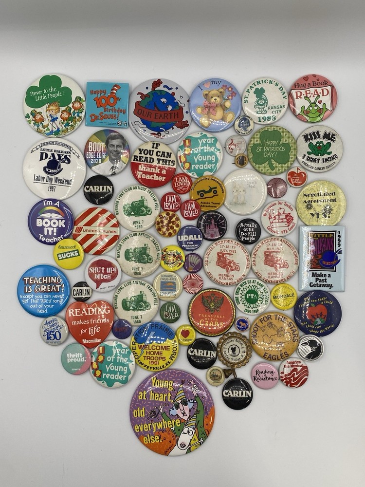 Vintage Pinback Pins Button Lot Politics Advertisement Teaching KS Novelty 67pcs