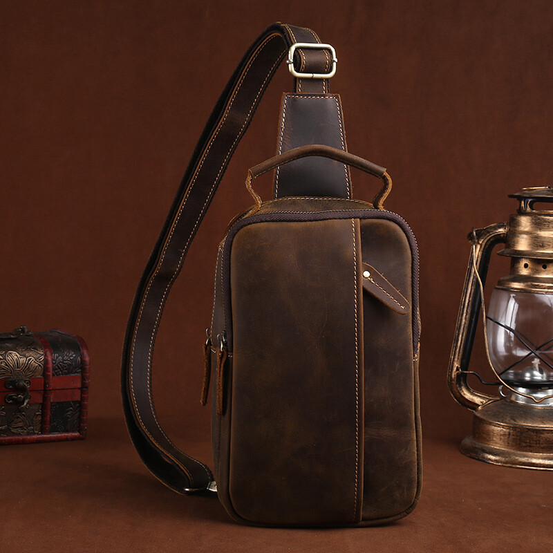 Vintage Genuine Cow Leather Men's Chest Shoulder Bag Travel Backpack
