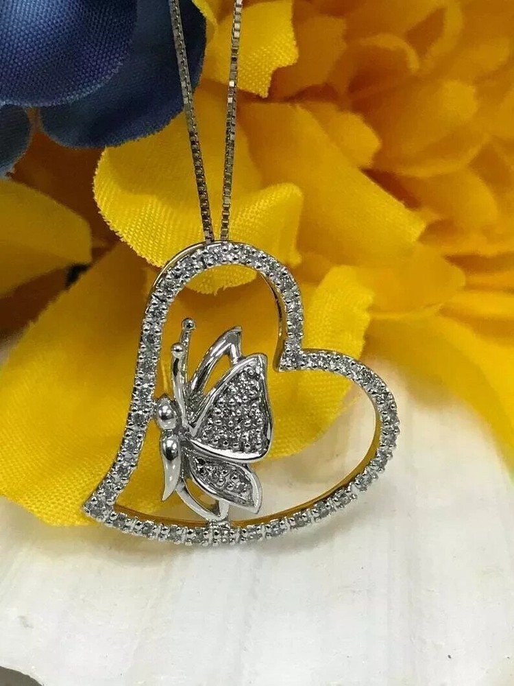 0.50Ct Round Cut Diamond Heart Butterfly Pendant Free Chain 14k White Gold Over