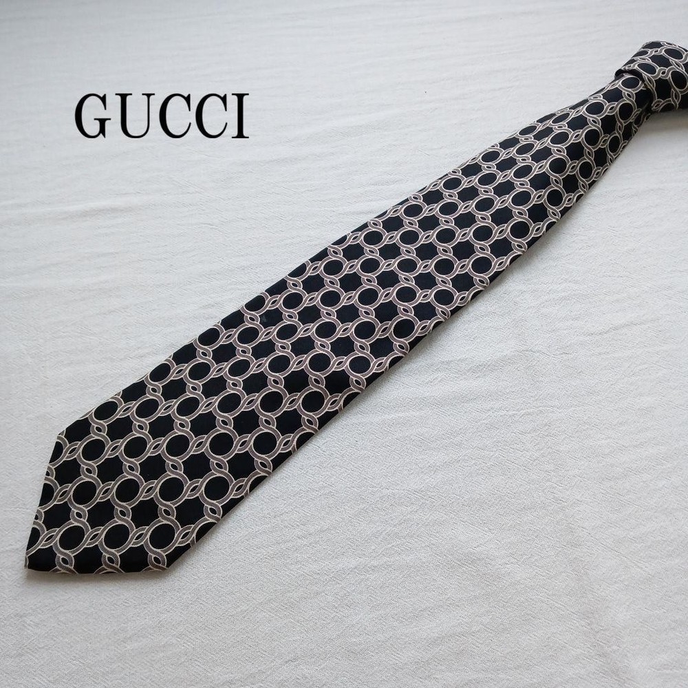 GUCCI Necktie Tie Black All over circle pattern Made in Italy Men's 100% Silk
