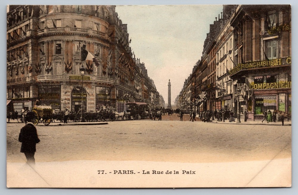Postcard Rue de la Paix Paris France Horse-Drawn Carriages Pedestrians