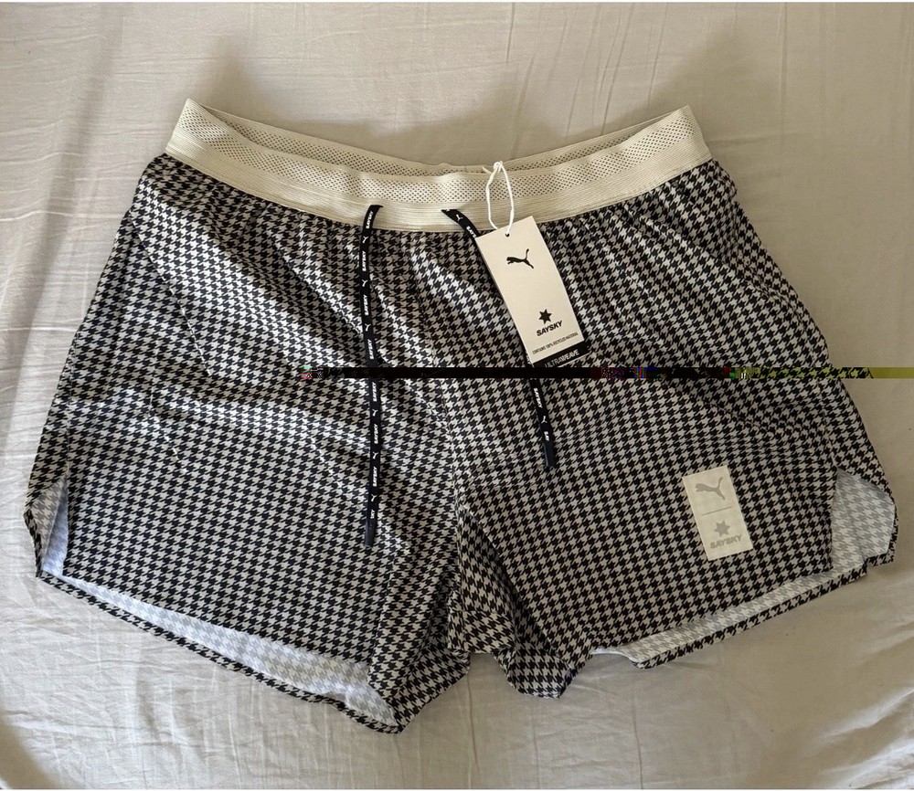 Puma X Saysky Shorts Mens Size XL Navy Houndstooth Running Lined 526958 71