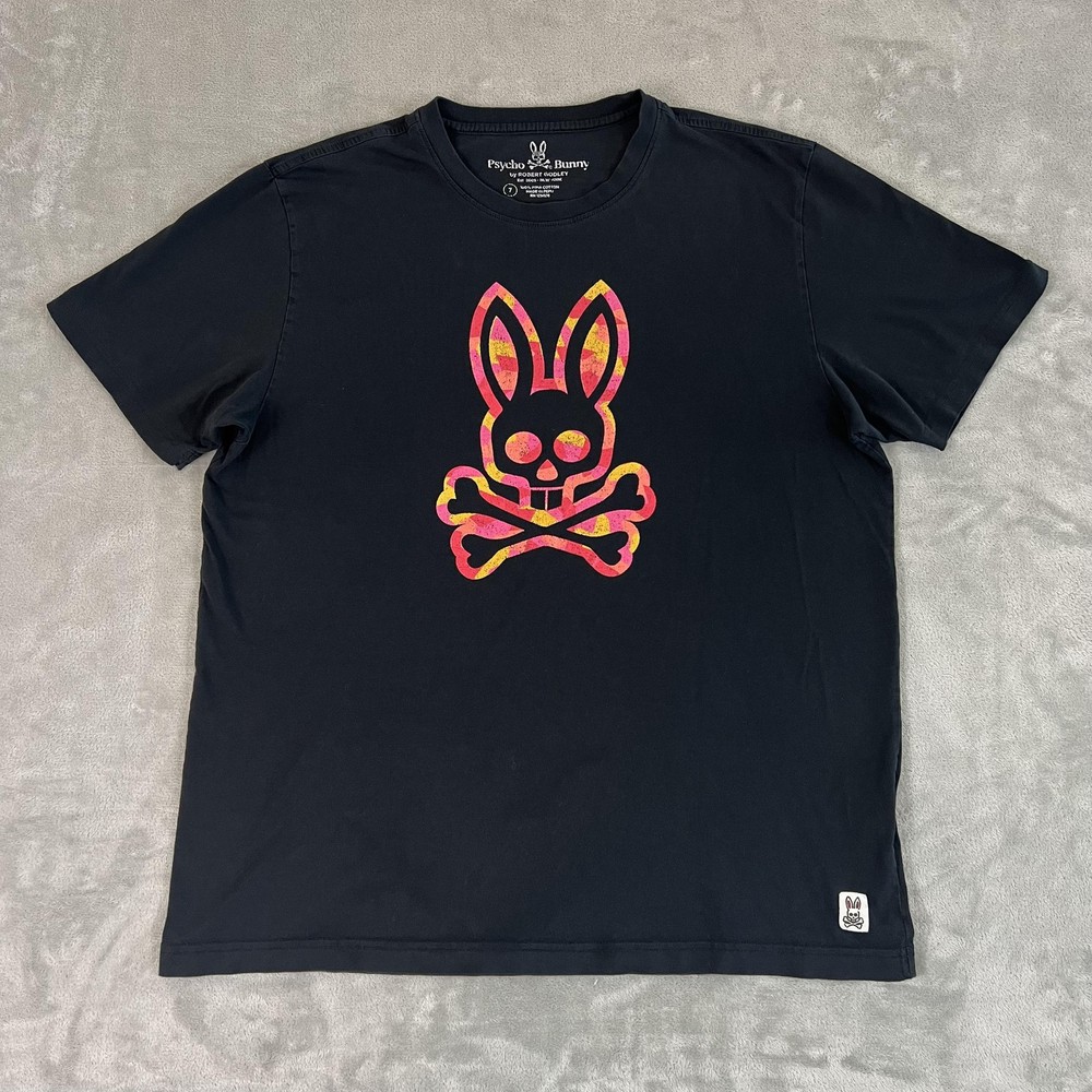 Psycho Bunny Shirt Mens XL 7 Black Pima Cotton Bunny Skull Graphic Tee Logo