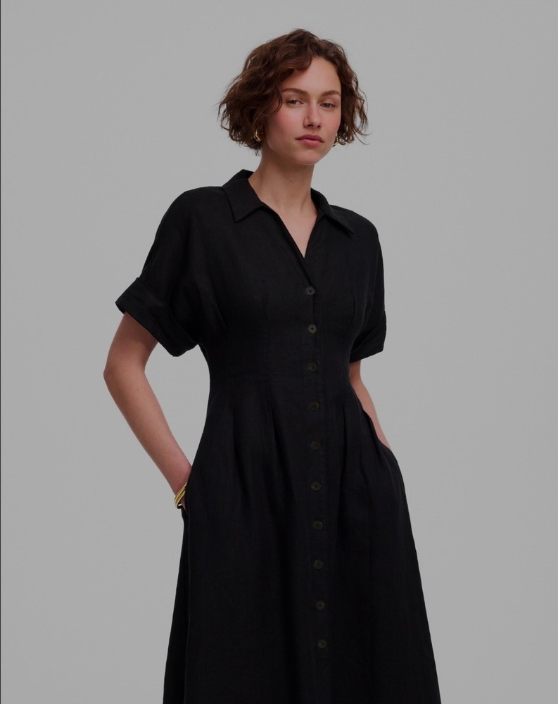 Madewell Black Linen Pleated Midi Button Up Shirt Dress Medium