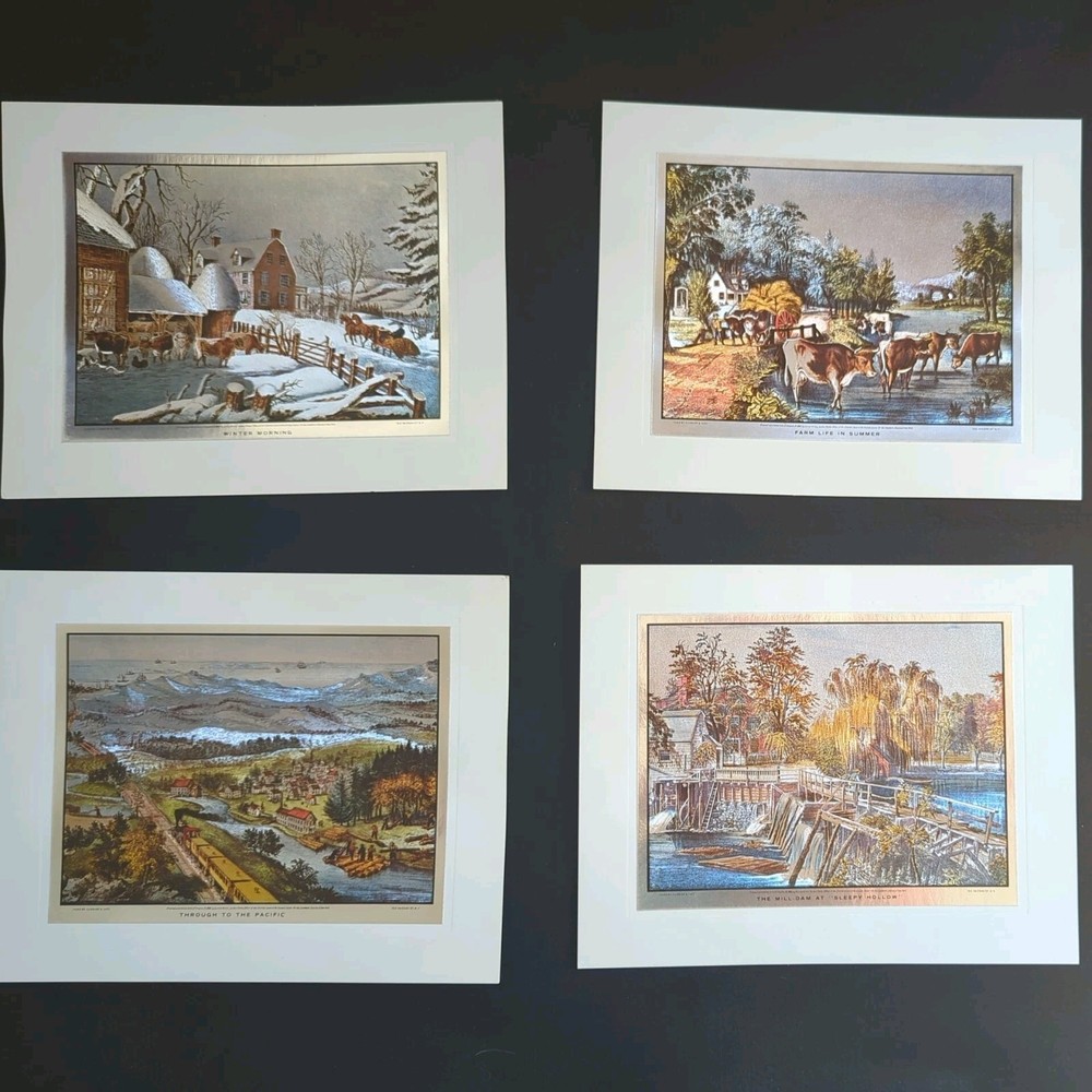 Set of 4 Currier and Ives Color Foil-Etch Prints from the 1970s,Prints are 8x10