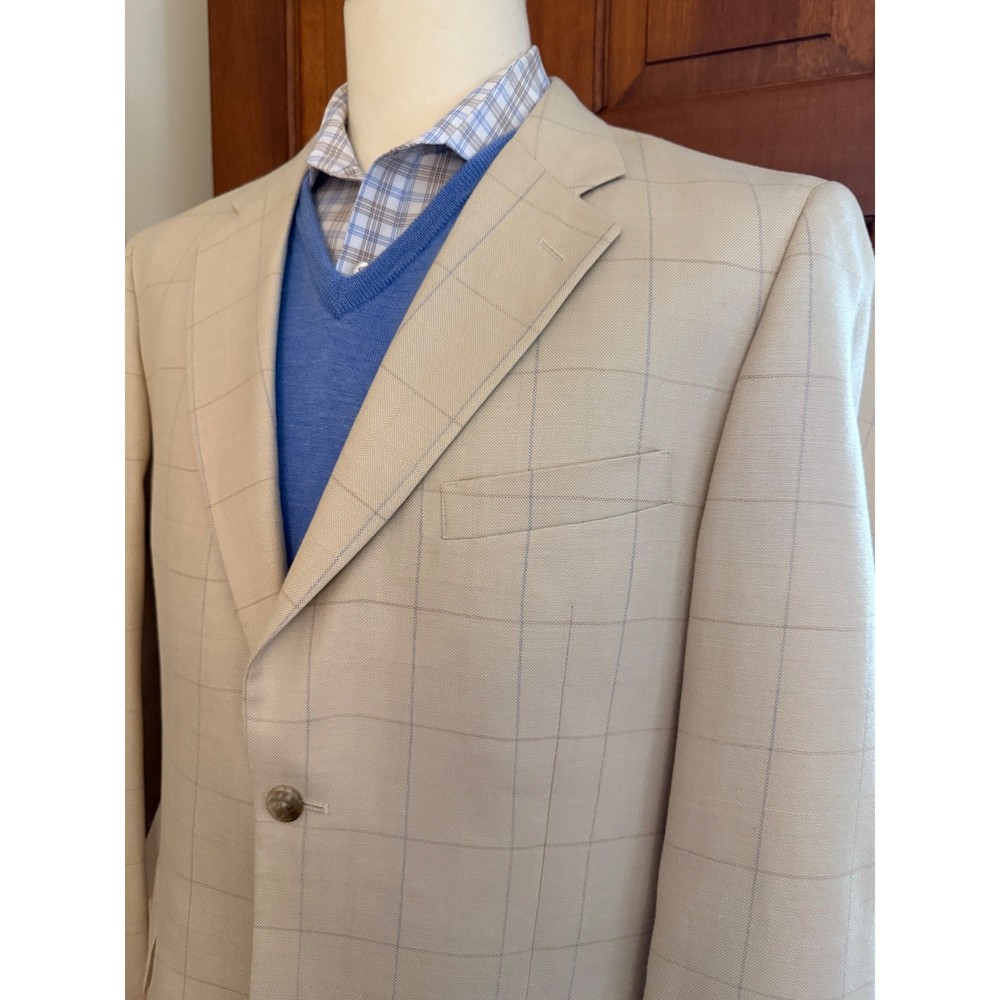 Jones New York Silk Wool Sport Coat Men 42L Pale Yellow Windowpane Blazer Jacket