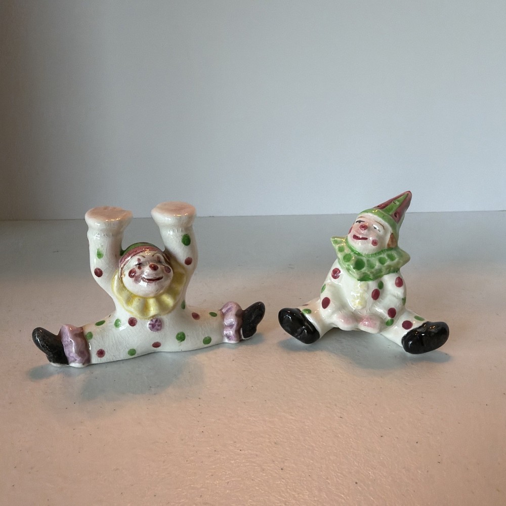 Vintage CIRCUS CLOWNS Porcelain SALT + PEPPER SHAKERS Hand Painted