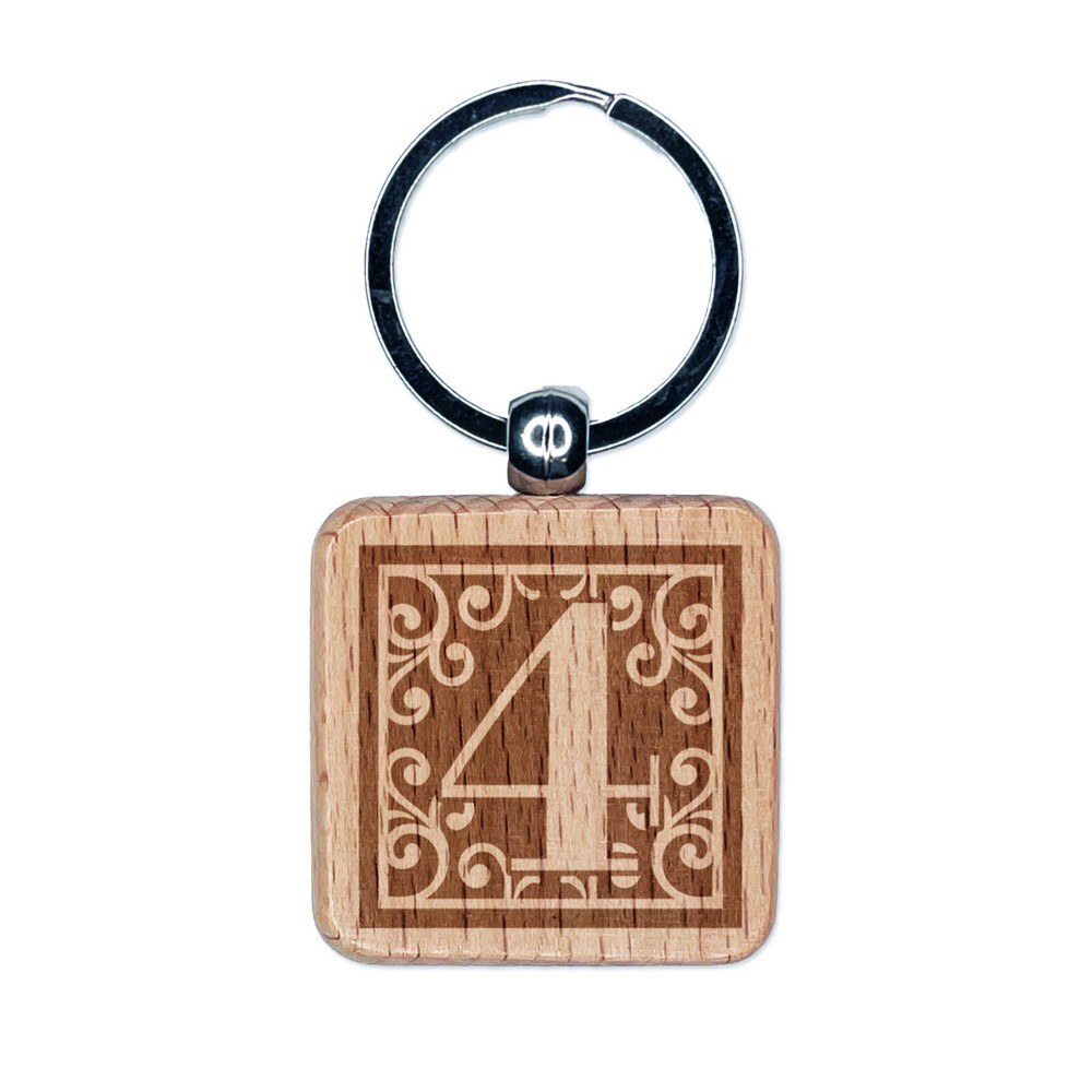 Monogram Swirls Engraved Wood Keychain Number 4 Square Tag Charm