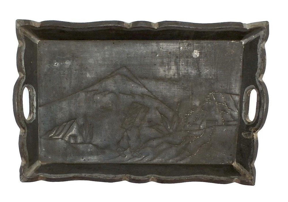 Vintage Mexican Tin Tray- Engraved Design- Man in Landscape