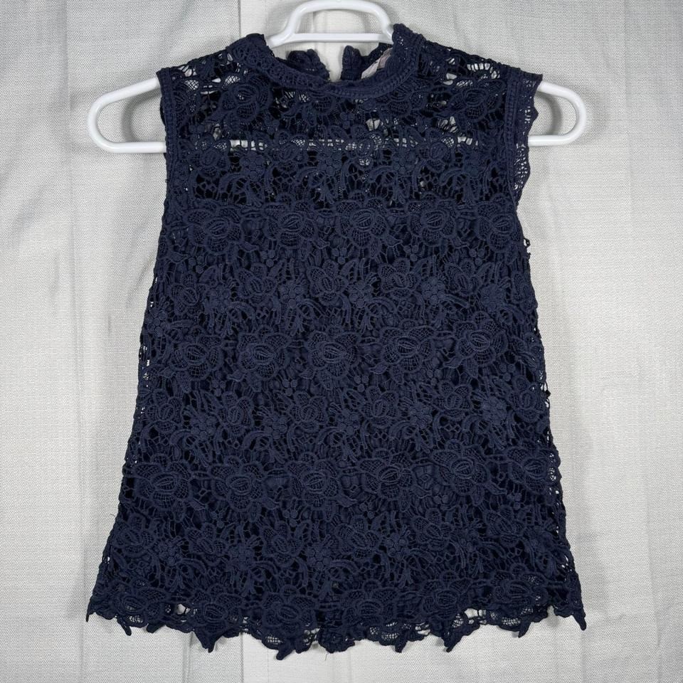 Nanette Lepore Navy Blue Floral Lace Mock Neck Sleeveless Top Gold Back Zip M