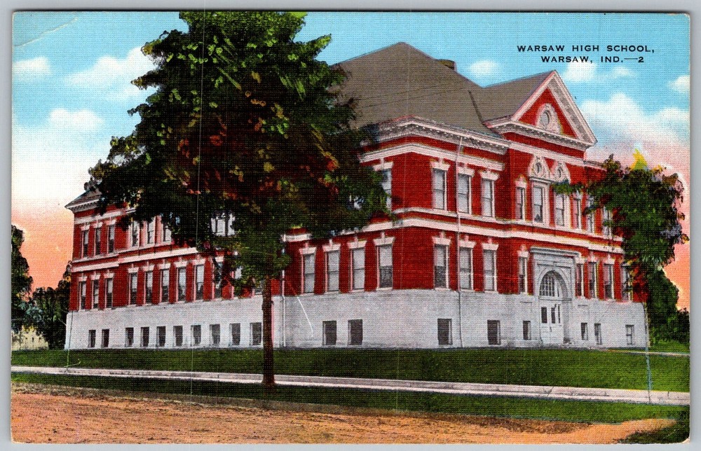 Vtg Linen Postcard High School Building Warsaw, 1930s