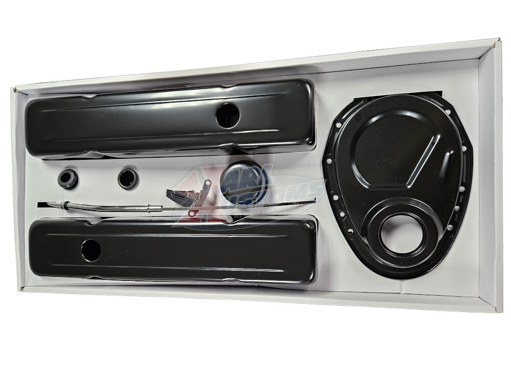 1958-86 Chevy SBC Black Engine Dress-Up Kit Tall Valve Covers Timing Cover