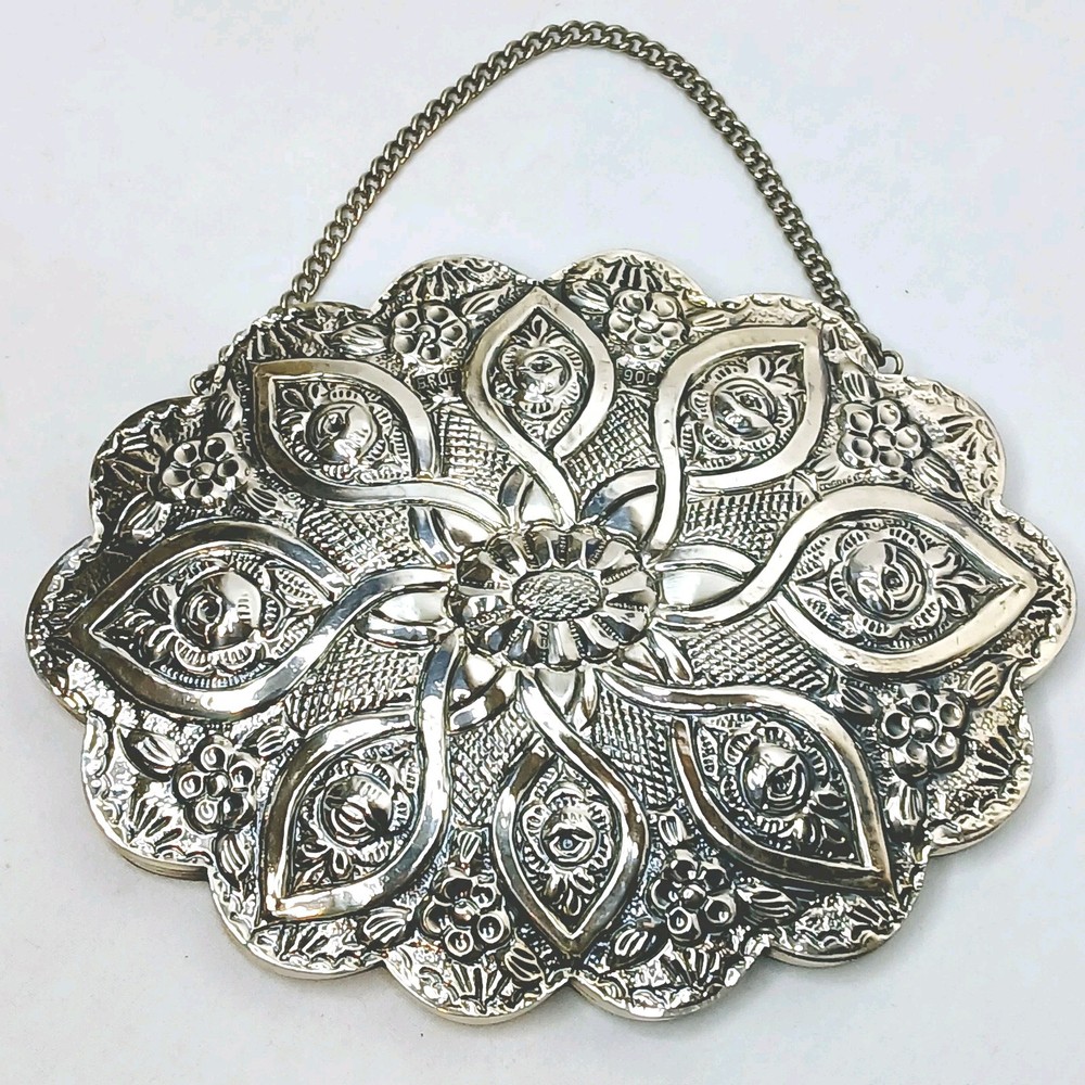 Vintage 5.5 Inch Oval Turkish Coin Silver Floral Wall Mirror Wedding Decor
