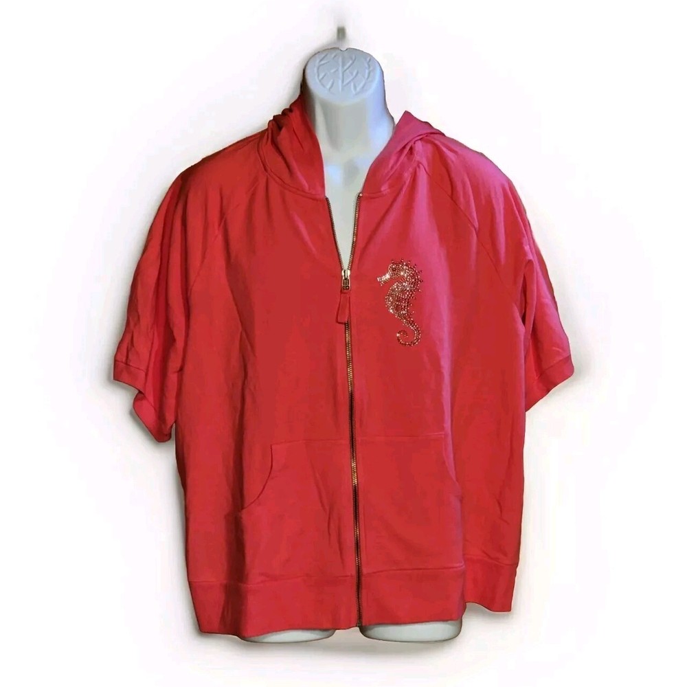 Tape Measure Full Zip Pink Short Sleeve Hoodie Sz 2X Seahorse Sparkle