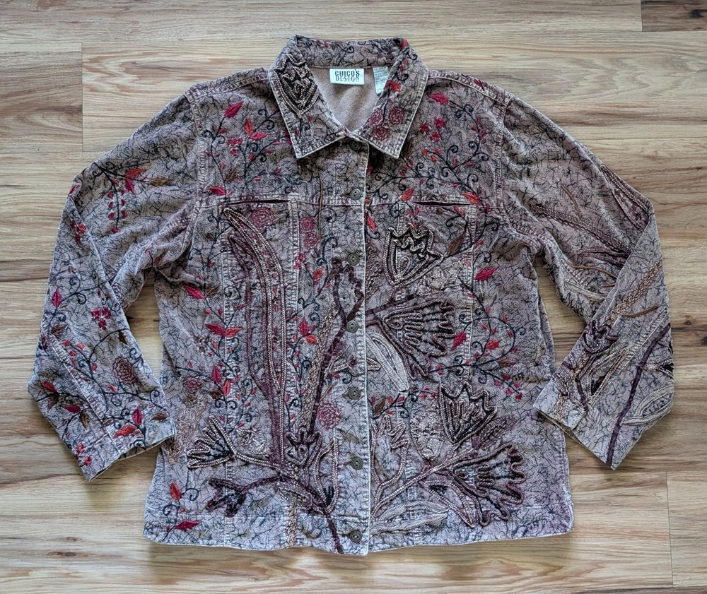 Vintage Chicos Design Jacket Size 2 Brown Velour Embroidery Boho Gilmore Girls