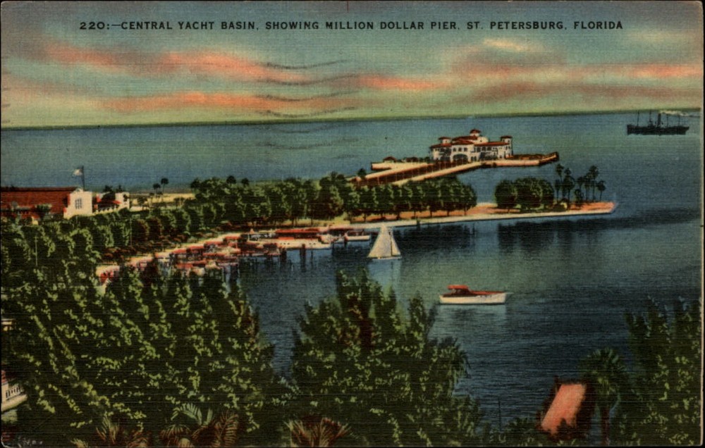 St Petersburg Florida million dollar pier aerial yacht basin 1947 linen postcard