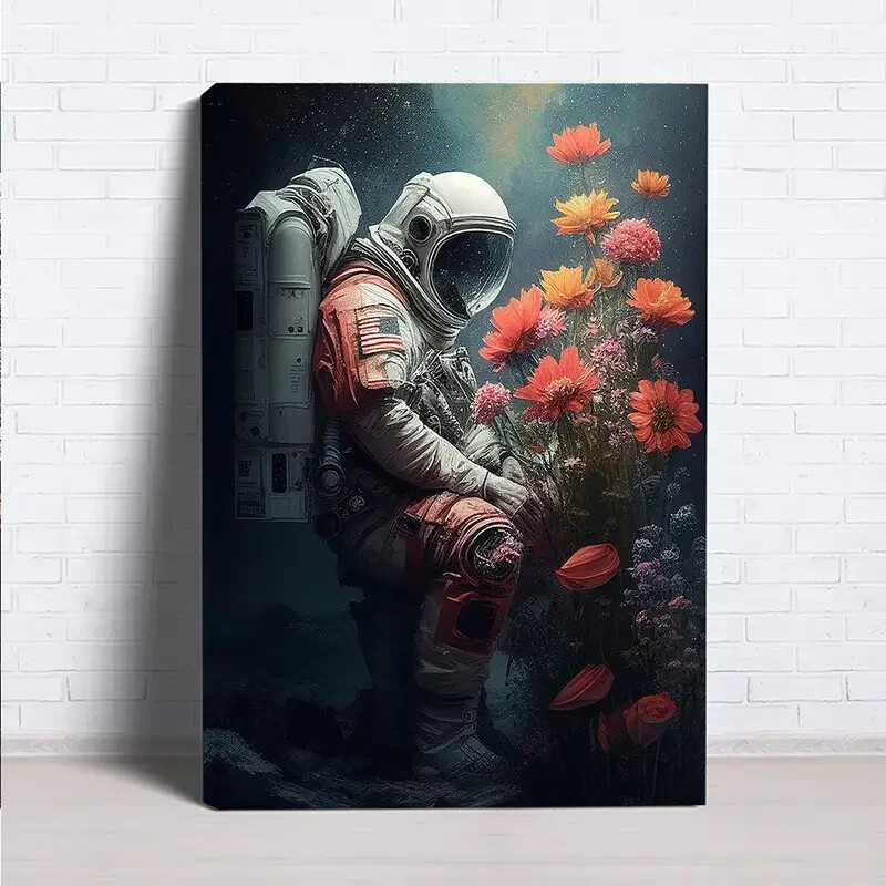 Vintage Astronaut With Flowers Wall Art  Canvas Unframed/Framed
