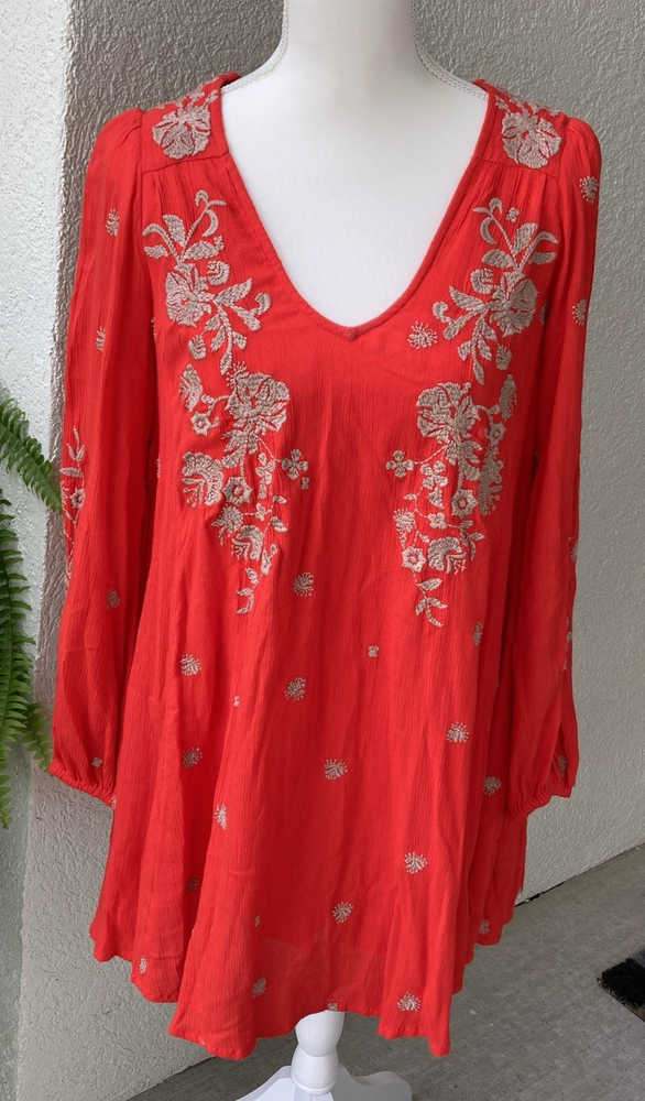 Free People Womens Dress XS Sweet Tennessee  Red Mini Oversized Embroidered Boho