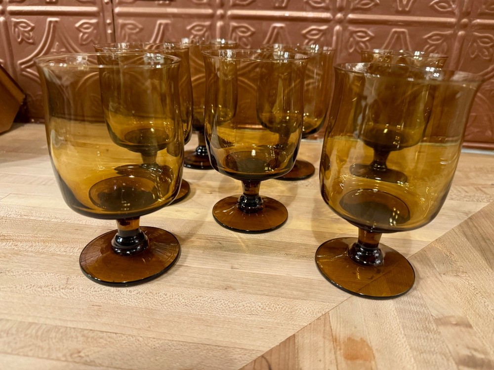 Vintage MCM Libbey Amber Goblets (Wine/Water), Set of 7