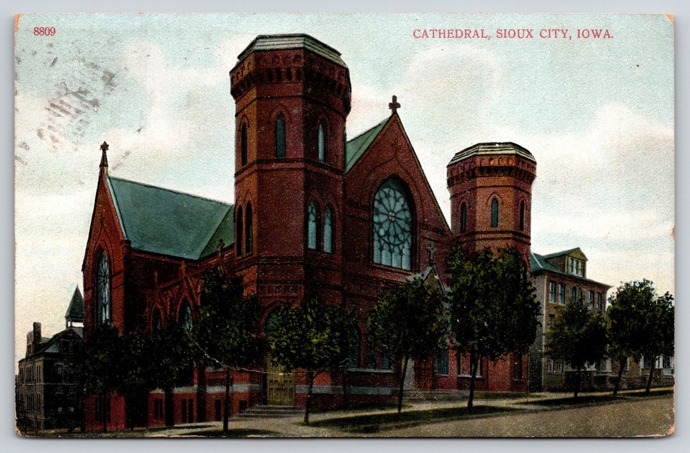 Sioux City Iowa~Cathedral Church Bldg~St View~Rose Window~Tower~1908 Postcard