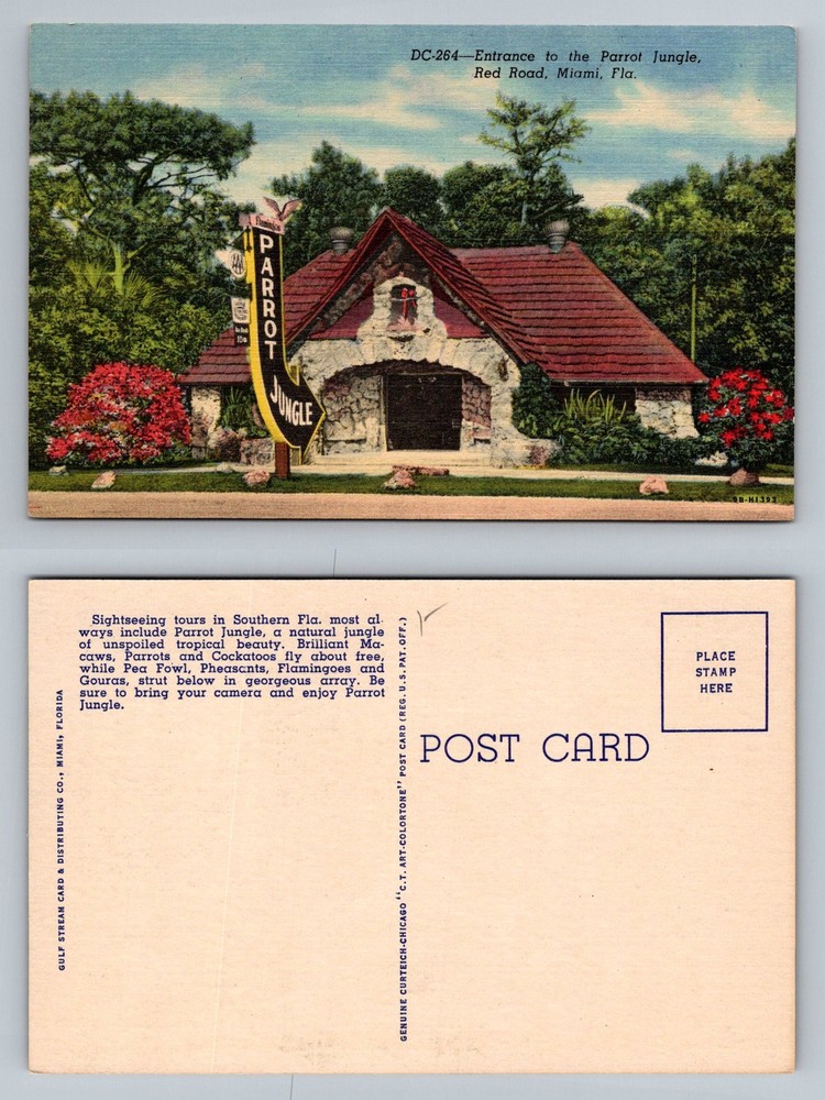 Miami, FL-Florida, Parrot Jungle Entrance Red Road Stone Gate Vintage Postcard