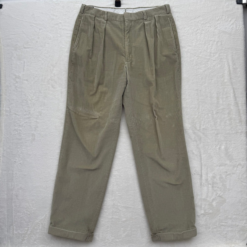 Brooks Brothers Corduroy Pants Mens 34 Olive Taupe Pleated Cuffed Made in USA