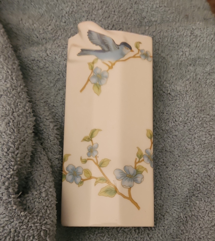Ceramic Vase with Blue Bird, Floral Pattern, White Green, Glossy Decorative Acc…