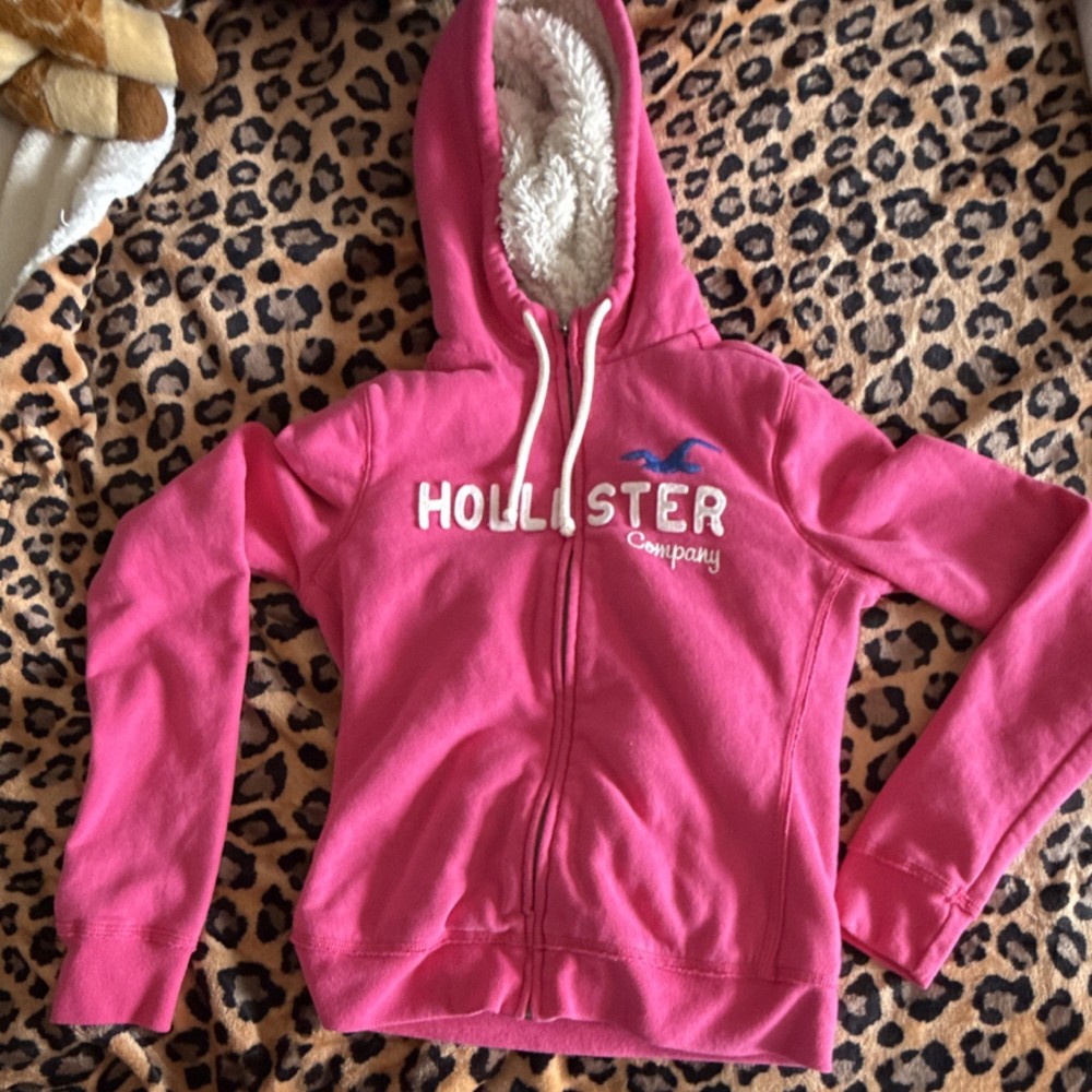 Y2K Hollister Pink Sherpa Lined Full Zip Hoodie Women's Size S Fleece Logo
