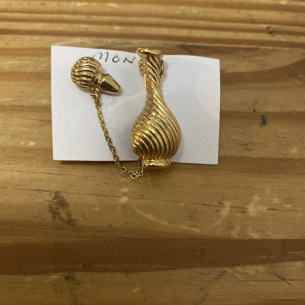 Monet Lapel Pin Gold Color Metal Bottle With Stopper Tie Tack With Chain