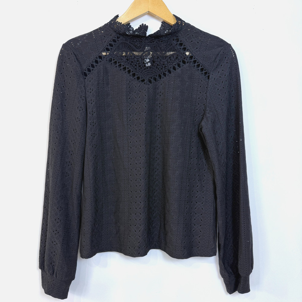 Black Eyelet Lace Long Sleeve Top Womens L Dark Romantic Feminine Victorian Goth
