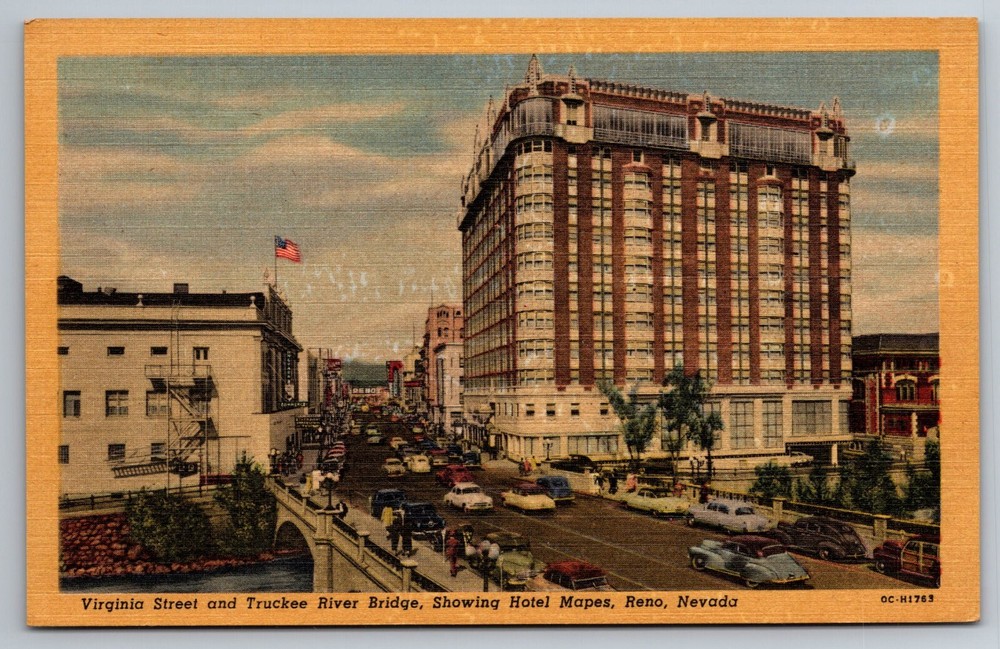 Reno Nevada Mapes Hotel Casino Virginia Street Truckee River Bridge Postcard