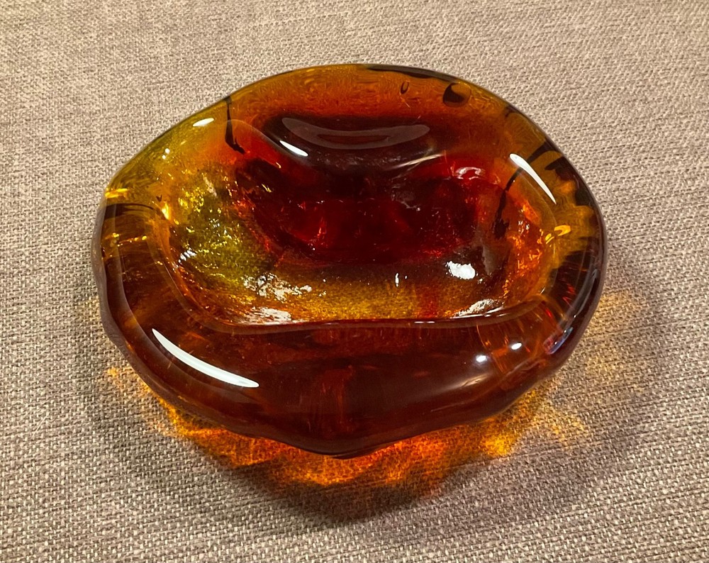 Vintage 1950s Blenko Amber Freeform Blob Ashtray Dish