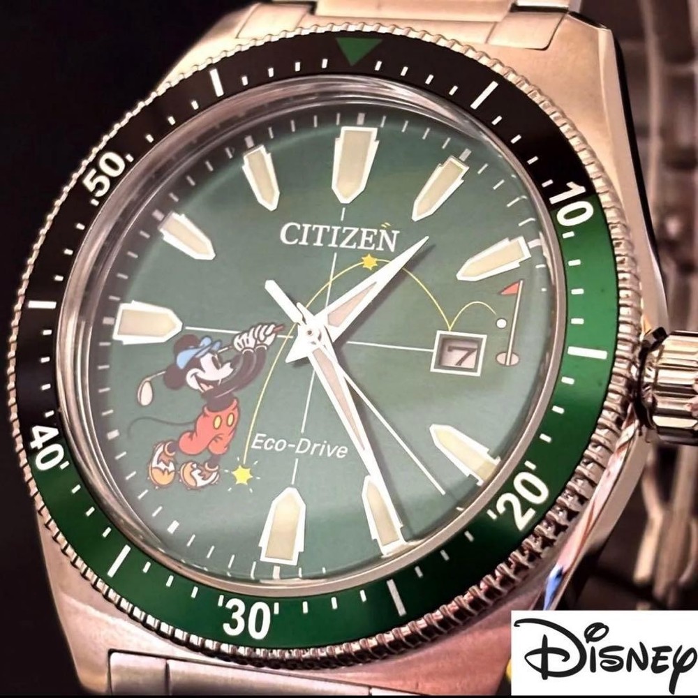 Citizen Disney Mickey Mouse Golf Eco-Drive Men's Watch Green Dial Silver Band