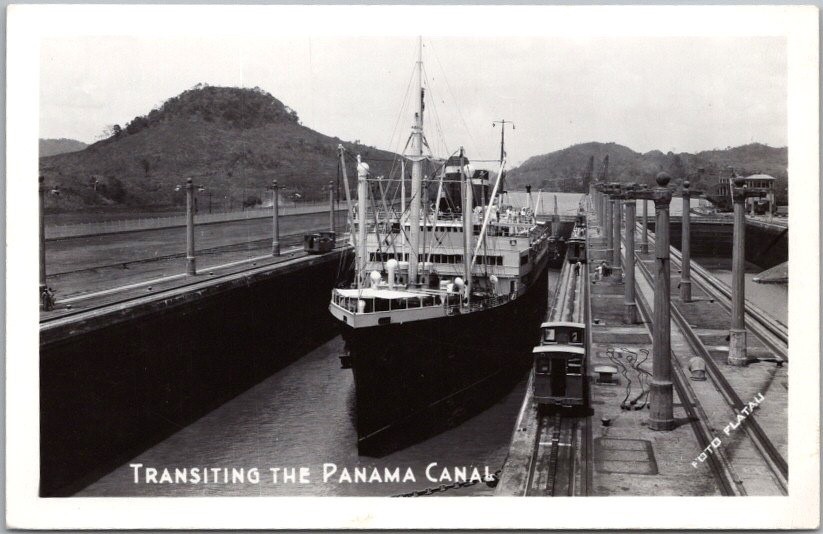 Vintage 1940s PANAMA CANAL Real Photo RPPC Postcard Ship in Canal Lock / UNUSED