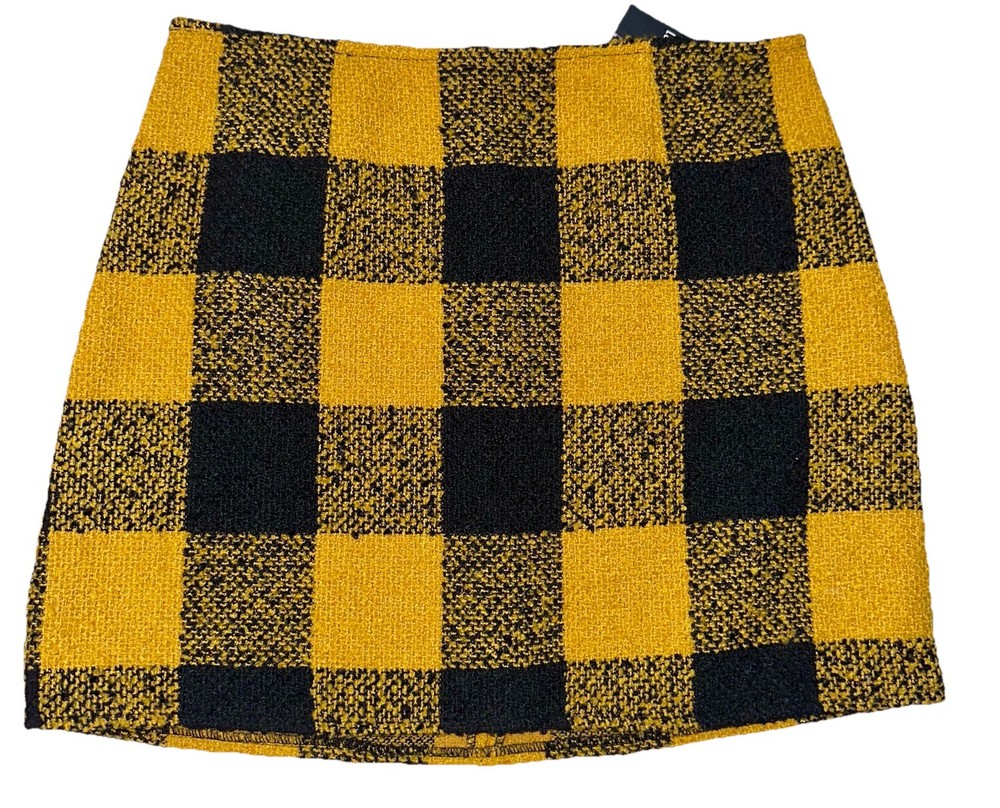 FOREVER 21 Tweed Plaid A-Line Mini Skirt Yellow Black Zip Women's Size L