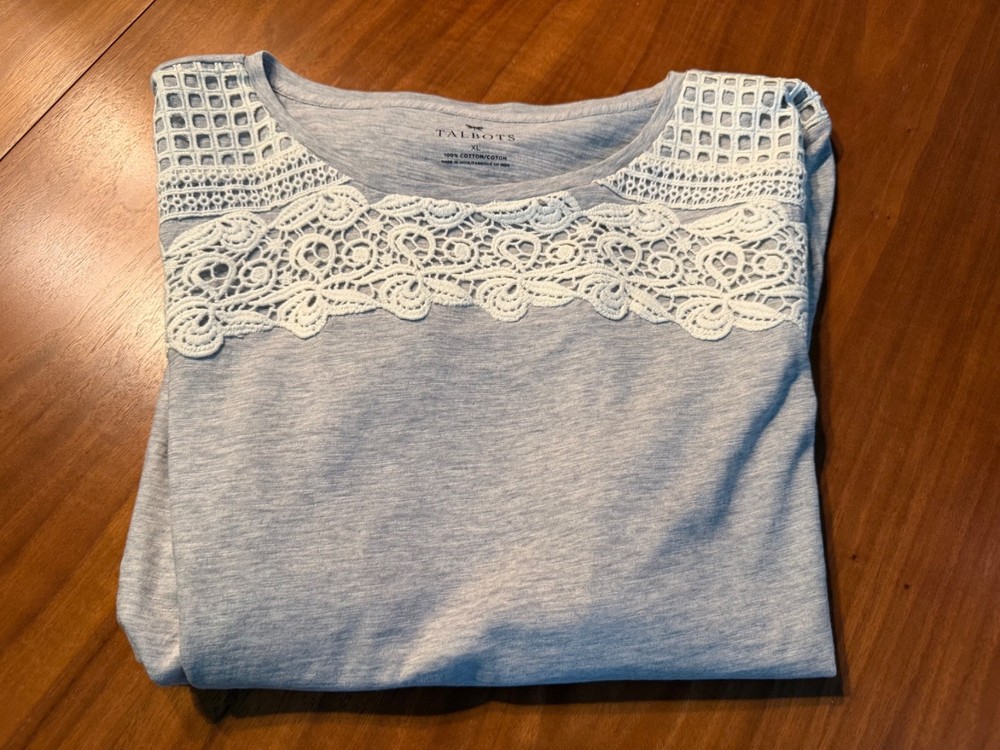 TALBOTS Womens XL Top T Shirt Blouse LS GRAY WHITE NEW NWT Neck Pattern NICE