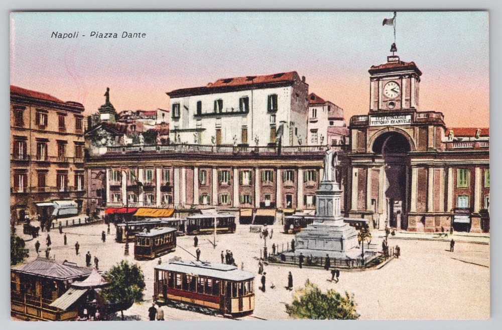 Naples Italy Piazza Dante Trolleys Trams Napoli Antique Postcard c. 1910s