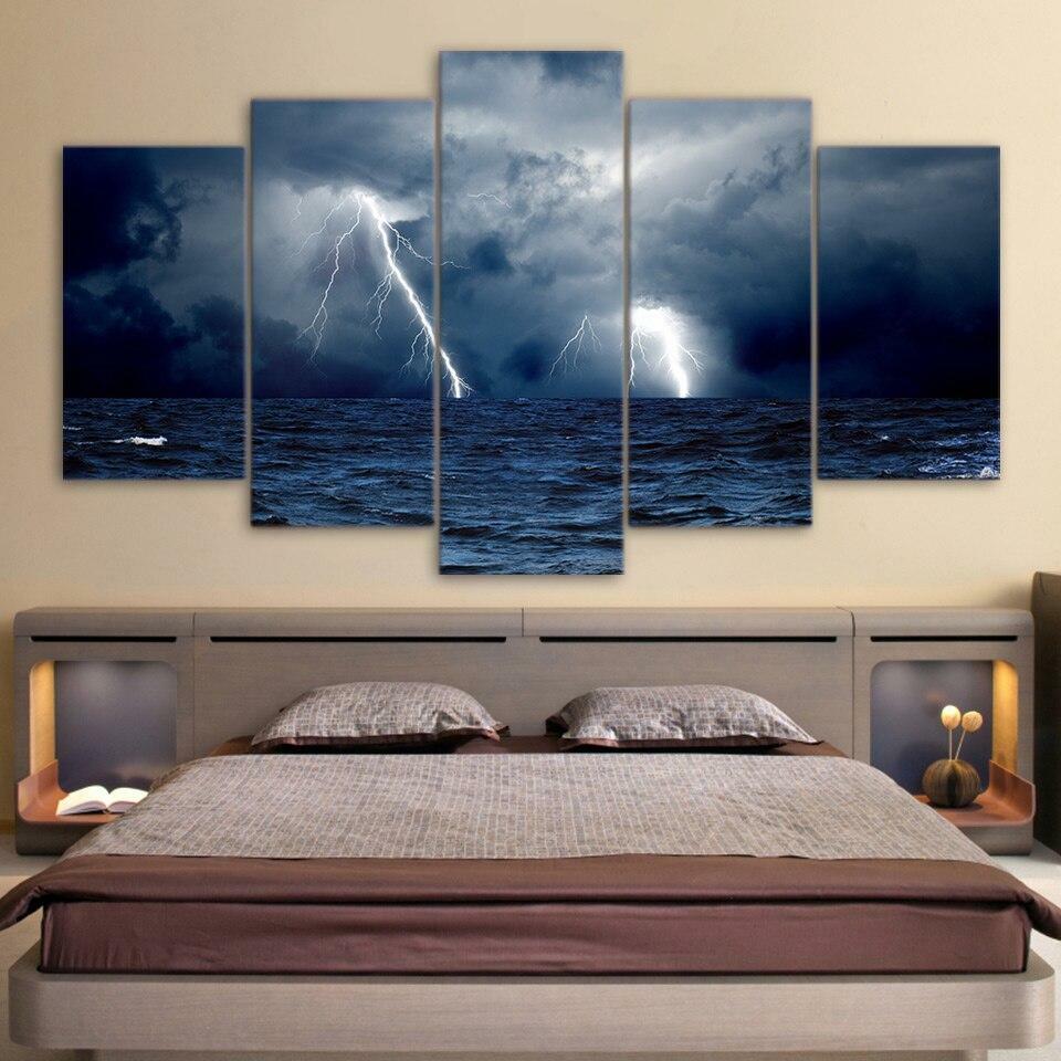 Cloudy Lightning Ocean Waves & Sea Storm Framed 5 Piece Canvas Wall Art