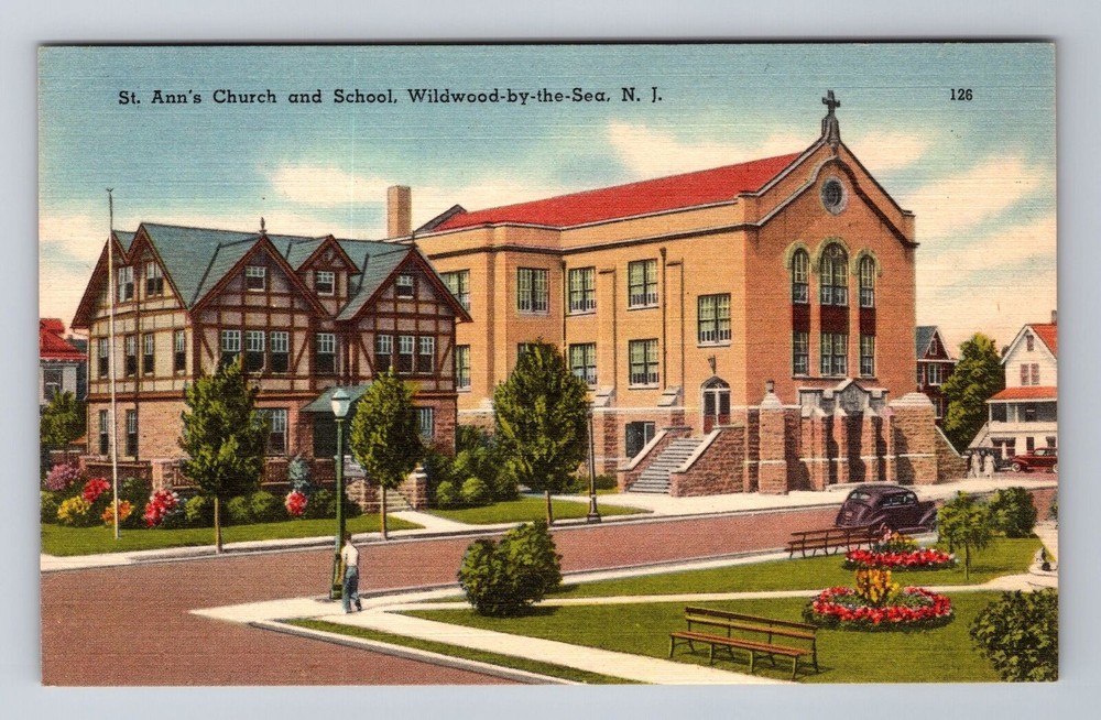 Wildwood-by-the-Sea NJ-New Jersey, St Ann's Church & School, Vintage Postcard