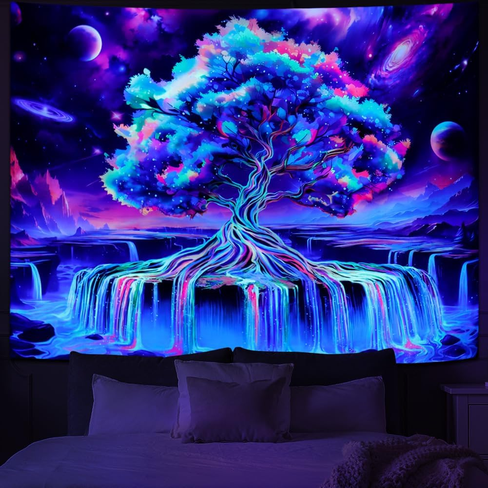 Blacklight Tree of Life Tapestry UV Reactive Waterfall Tapestry Trippy Galaxy Sp