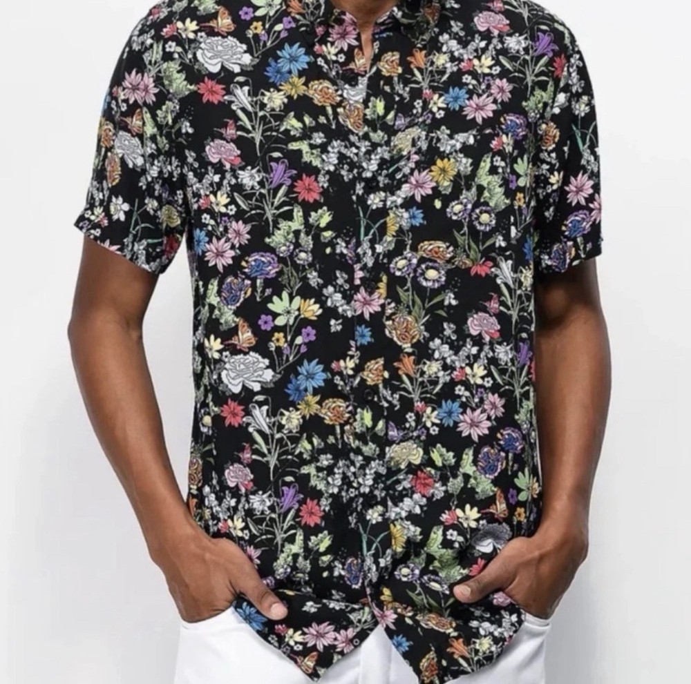 Empyre Tate Button Down Short Sleeve Black Floral Shirt Men’s Sz M