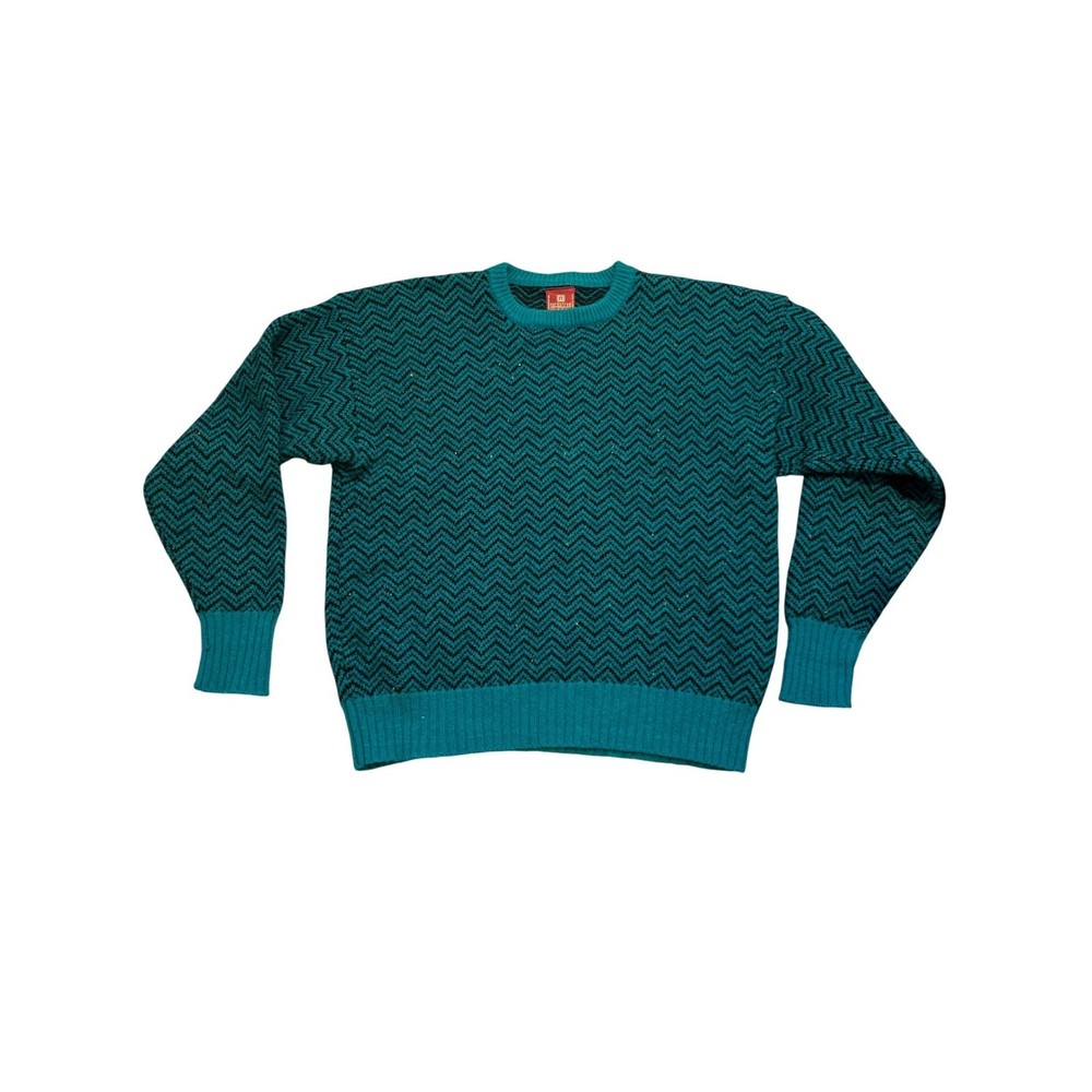 Vintage Nordstrom Scottish Shetland Wool Knit Sweater XL Teal Herringbone Retro