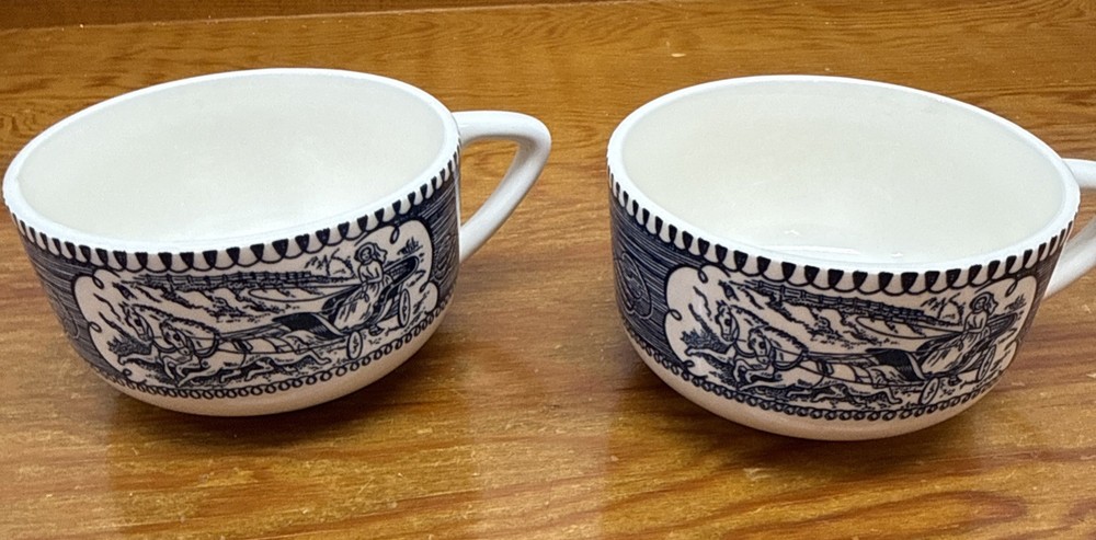 Two Blue Willow Currier & Ives Coffee Tea Cups Mug Woman Horse Drawn Buggy