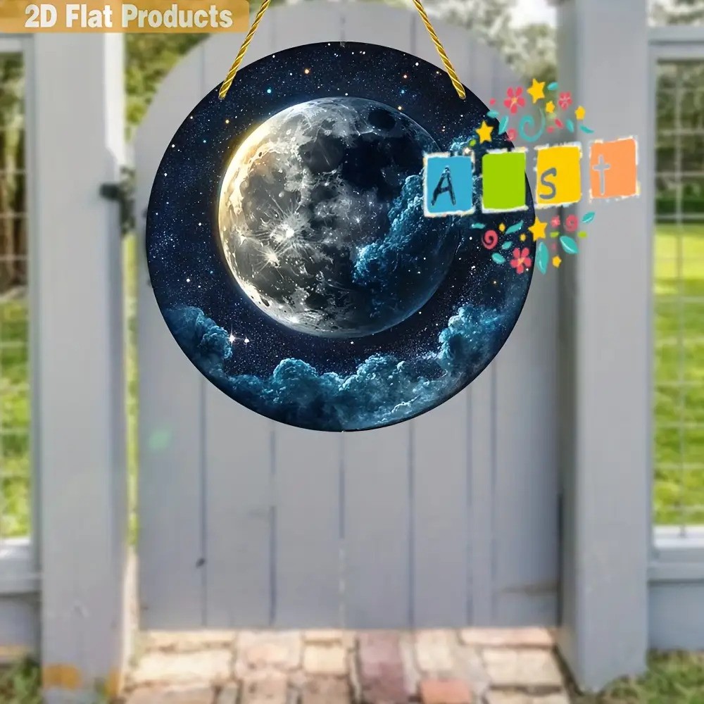 7.8 Inch Moon Stars Rainbow Lettering Round Aluminum Wall Decor