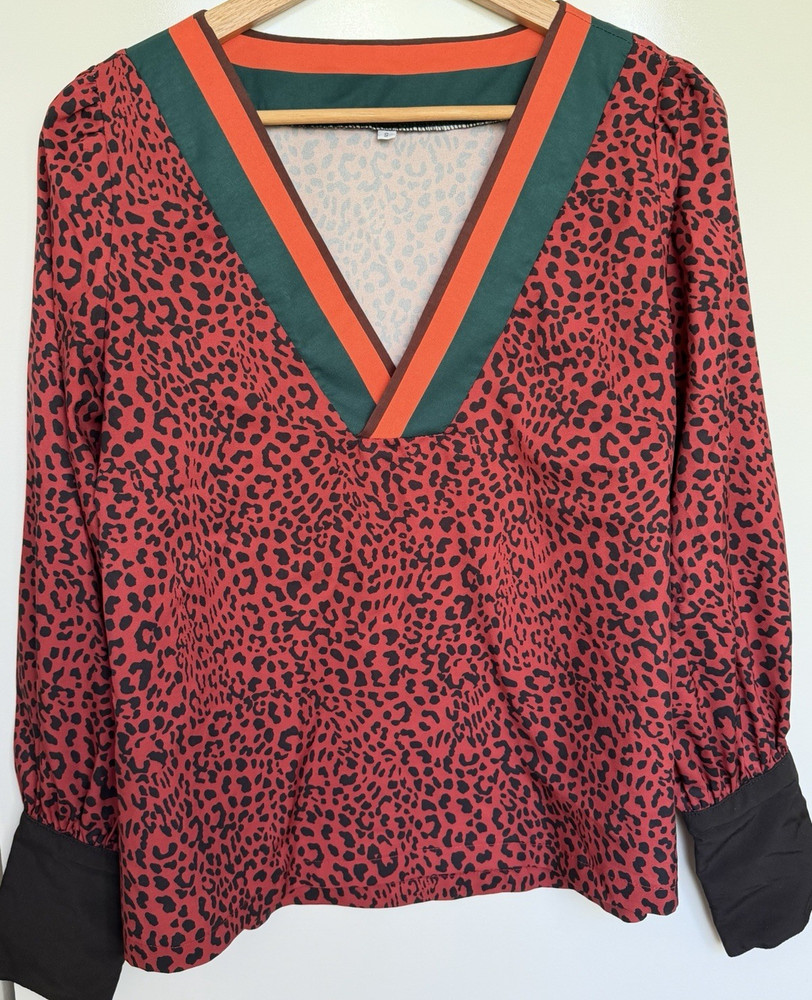 Women’s Red Black Animal Print V-Neck Long Sleeve Button Accent Blouse
