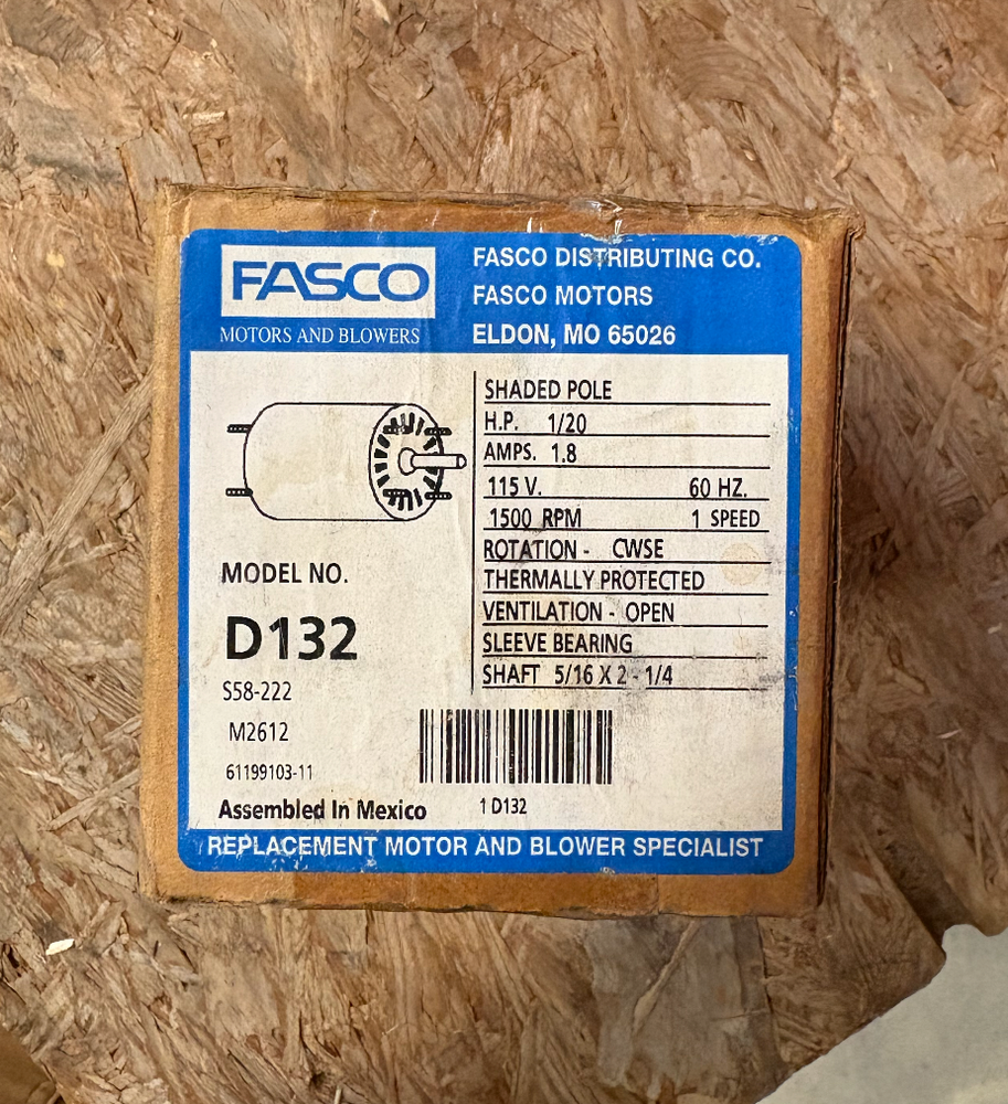 FASCO D132 Motor - 1/20 HP 115V 1500rpm 1 speed (New in Box)