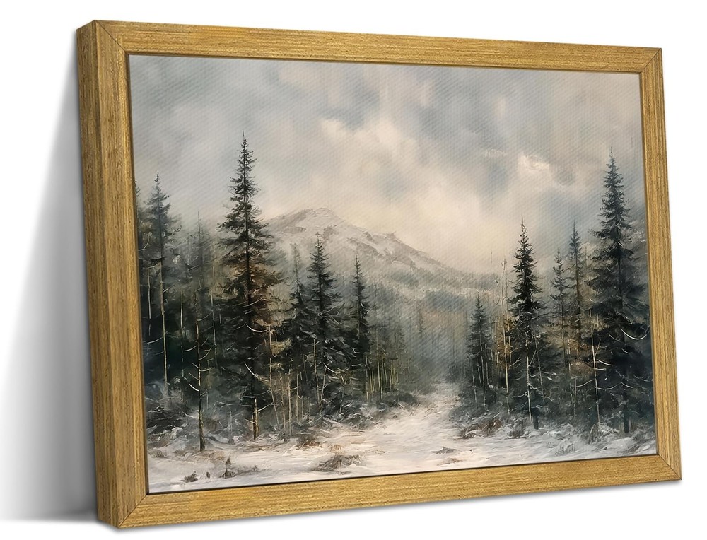 Framed Vintage Wall Art, Forest Landscape Canvas Wall Decor, Winter Pine Tree...